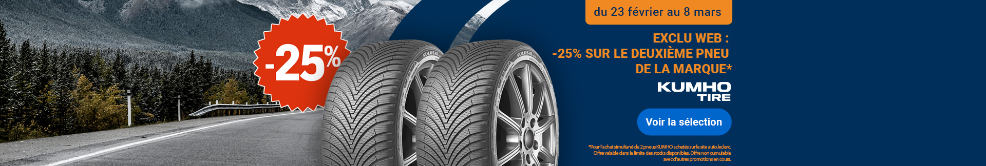 Exclusivité web Kumho Tire : -25% sur le 2e pneu de la marque Kumho du 23 février au 8 mars.